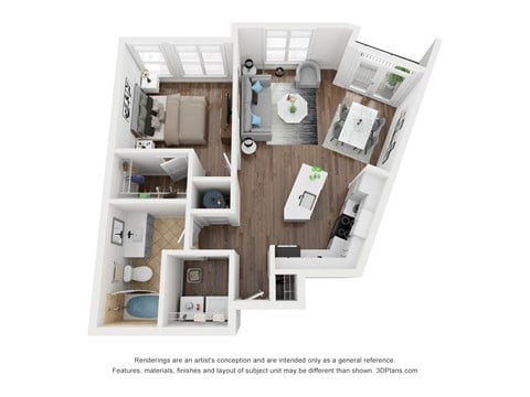 Floor plan for 1 bed, 1 bath, 729 sqft
